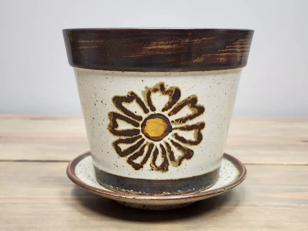 VintageOtagiri Stoneware Flower Pot Planter Hand Painted Flowers Drain Hole 5”